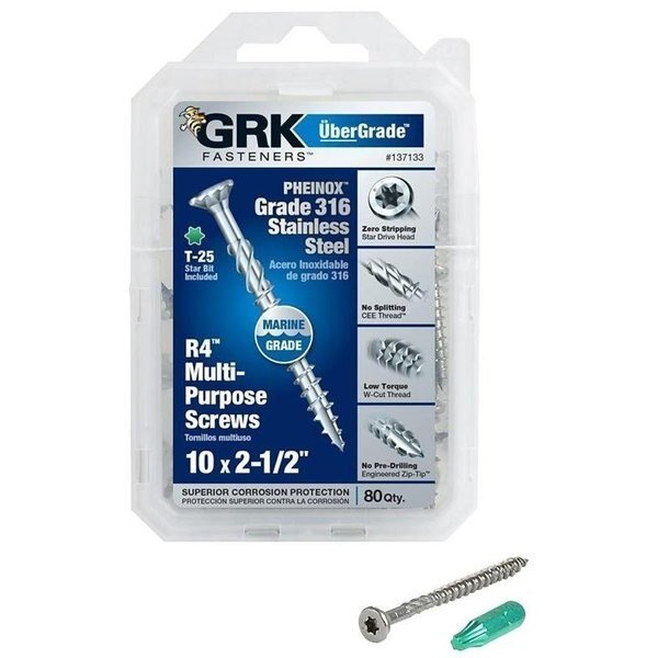 Deck Screw, #10 x 2-1/2 in, 316 Stainless Steel, Flat Head, Torx Drive, Grk Fasteners, Mfr#: 137133